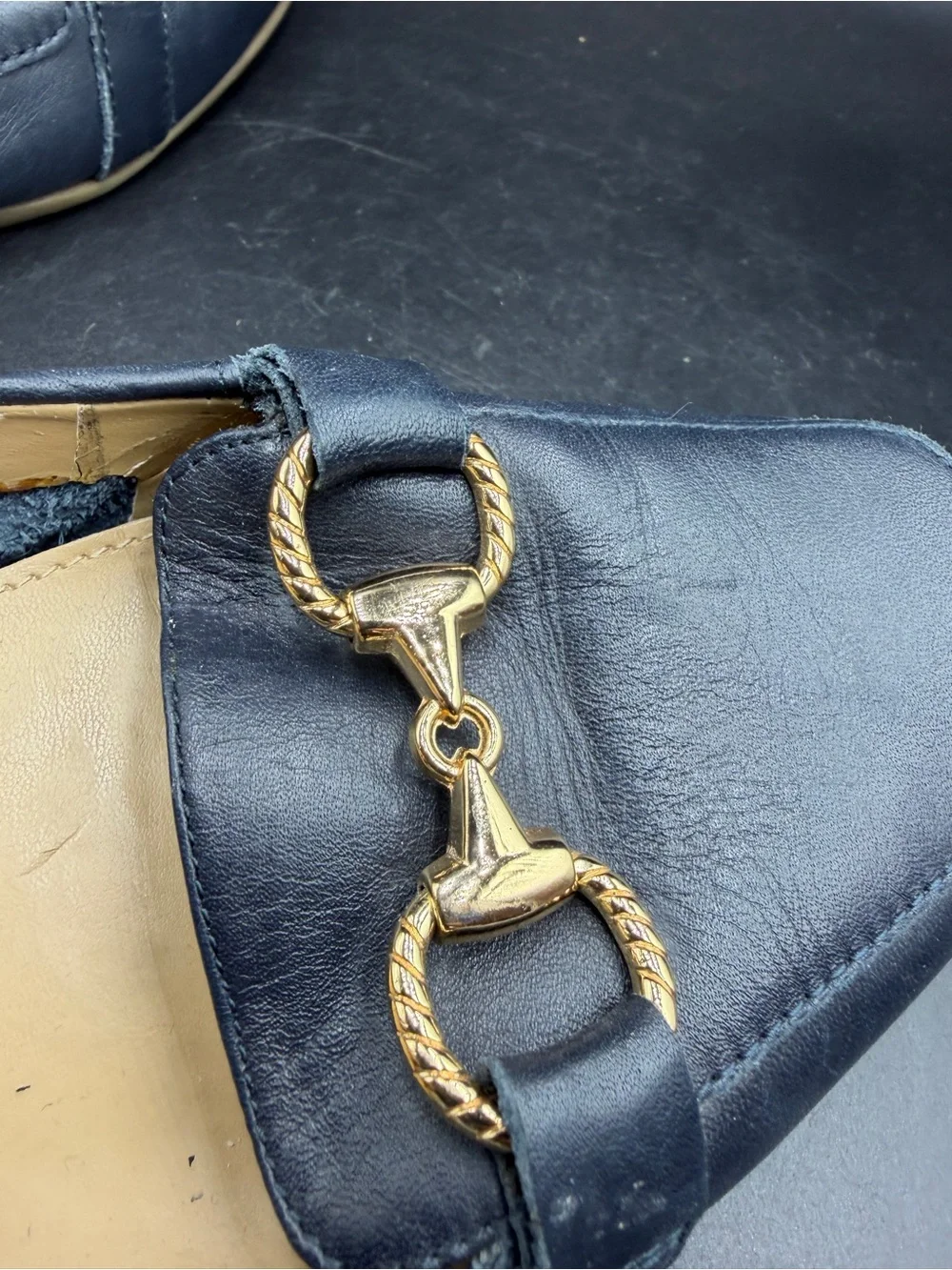 Easy spirit Classic Navy Leather Women’s Loafers with Gold Bit Detail